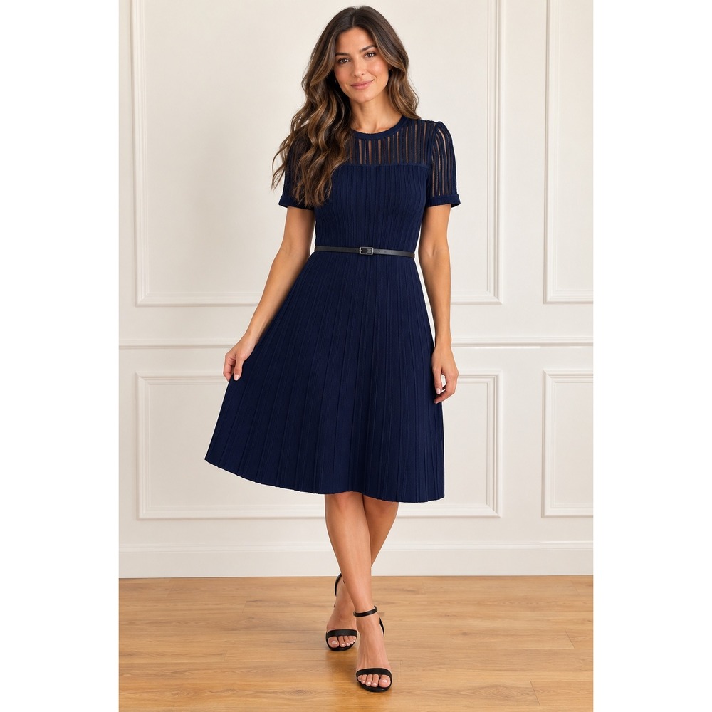 Calvin Klein Navy Blue Ribbed Sheer Yoke Belted Fit & Flare Dress M M7CO6002